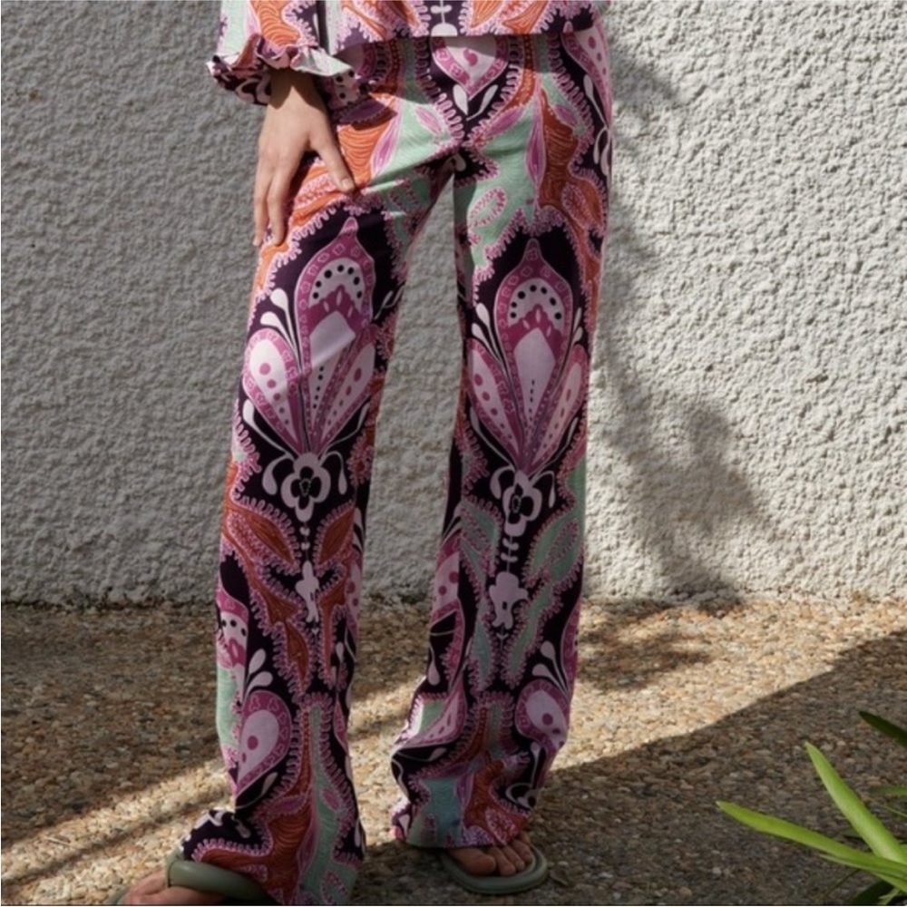 ZARA Linen Blend Printed Flare Trousers Pants XS NWOT EMILIO PUCCI 3107/197